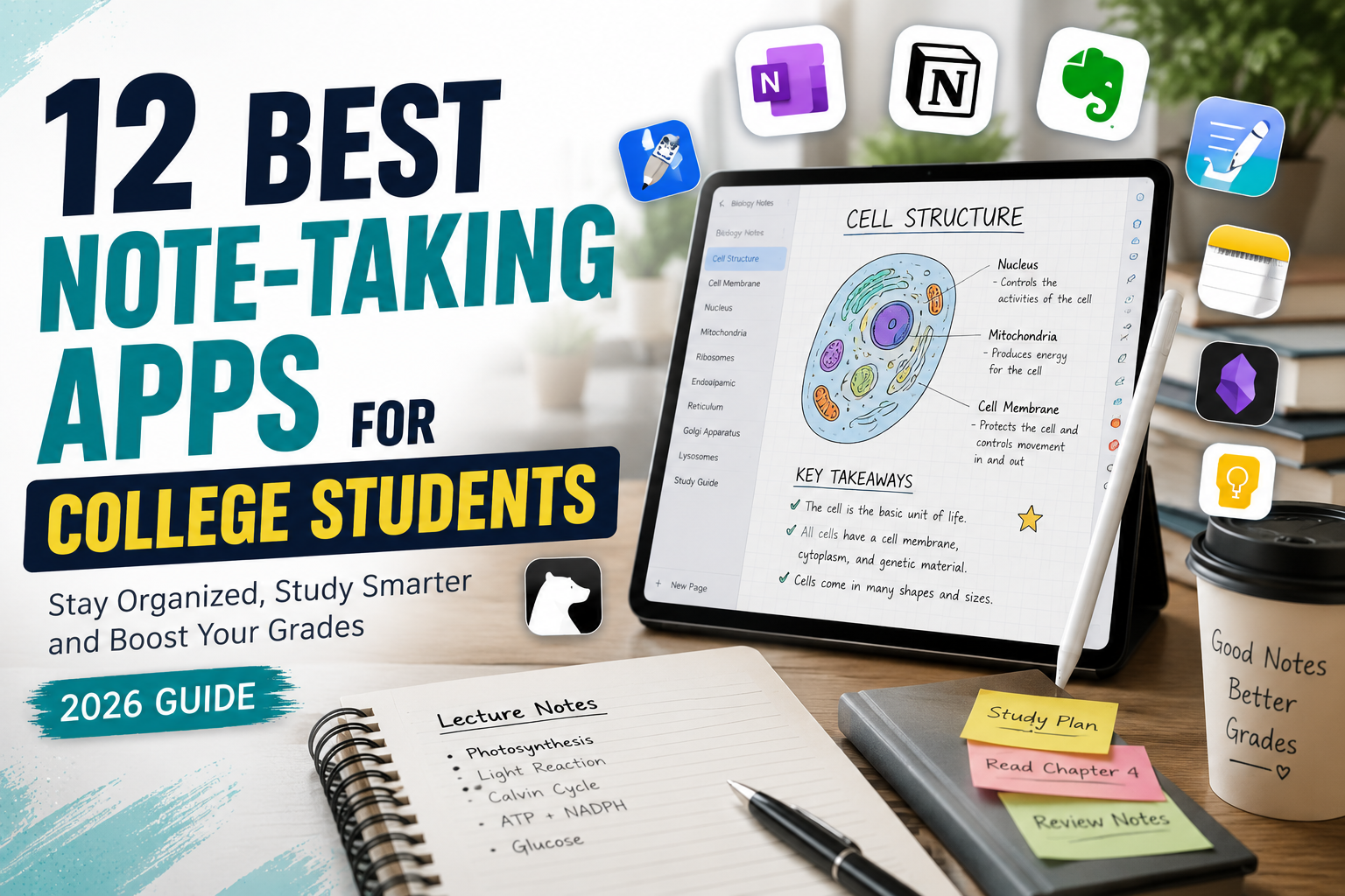 Best note taking apps for college students in 2026 with Microsoft OneNote, Notion, Goodnotes, and Evernote.