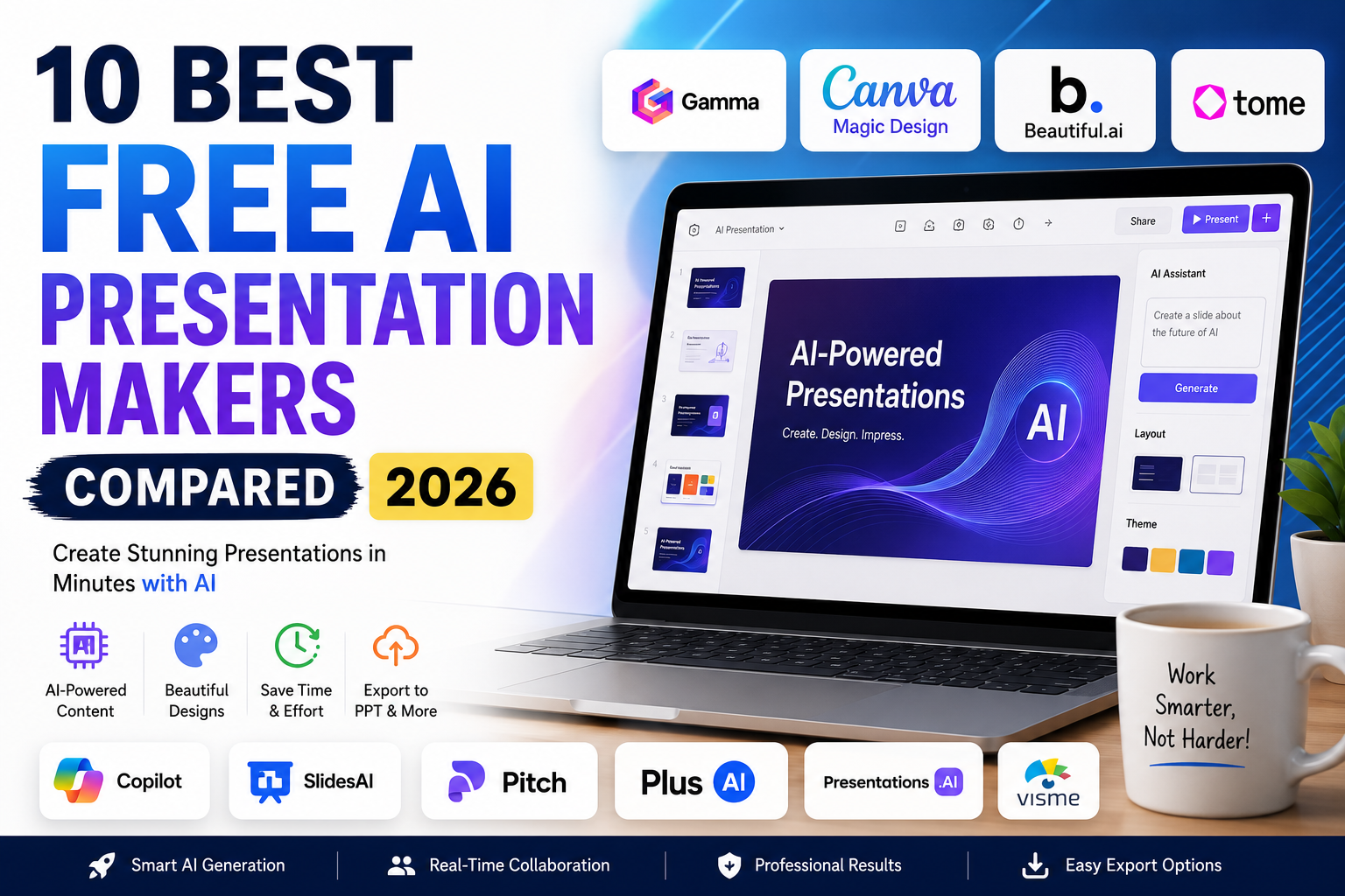 Best free AI presentation maker comparison featuring Gamma, Canva Magic Design, Beautiful.ai, Tome, and Microsoft Copilot in 2026.