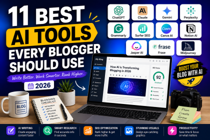Best AI tools for bloggers in 2026 featuring ChatGPT, Claude, Gemini, Surfer SEO, Canva AI, and Grammarly.