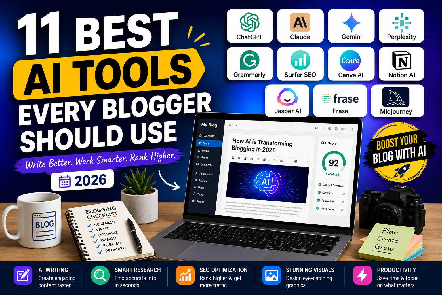 Best AI tools for bloggers in 2026 featuring ChatGPT, Claude, Gemini, Surfer SEO, Canva AI, and Grammarly.