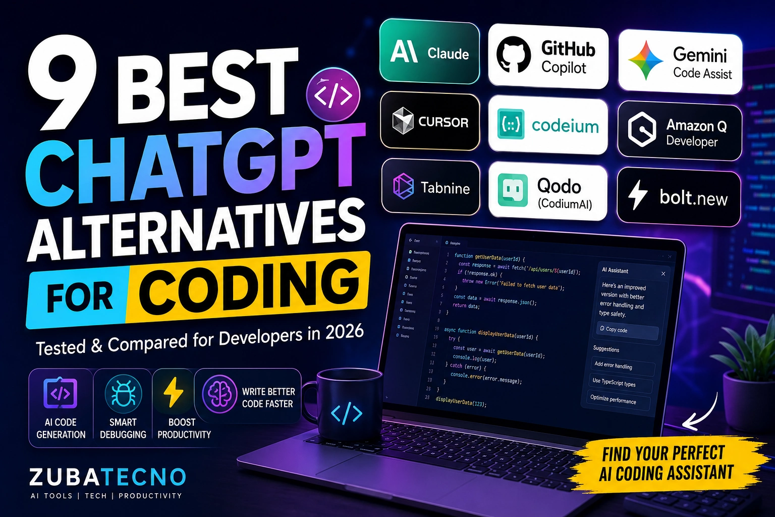 Best ChatGPT alternatives for coding in 2026 featuring Claude, GitHub Copilot, Cursor, Gemini Code Assist, and Codeium.